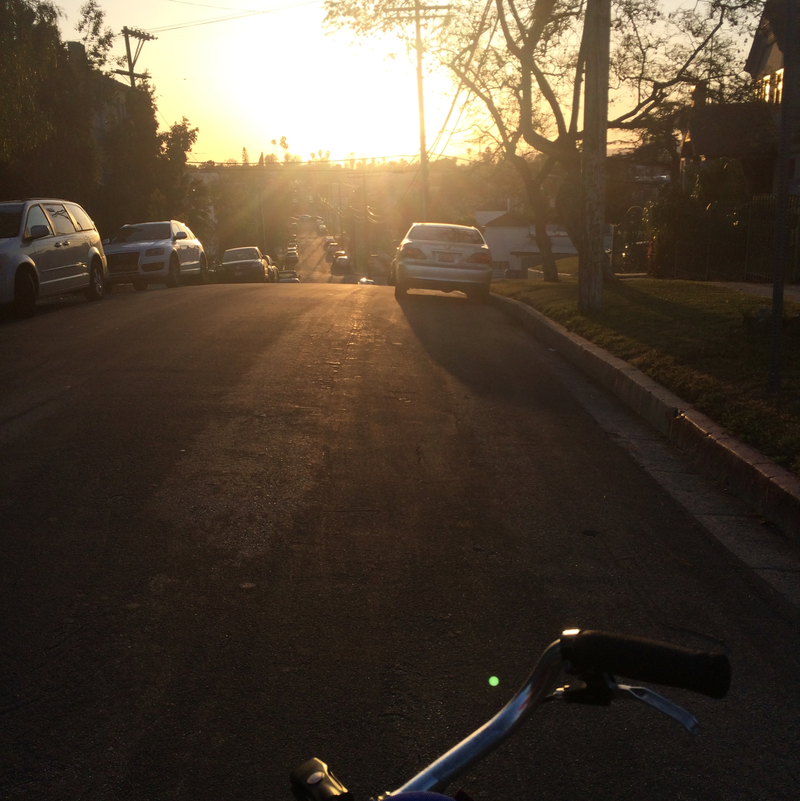 A hazy photo from my bike looking out over the streets in LA