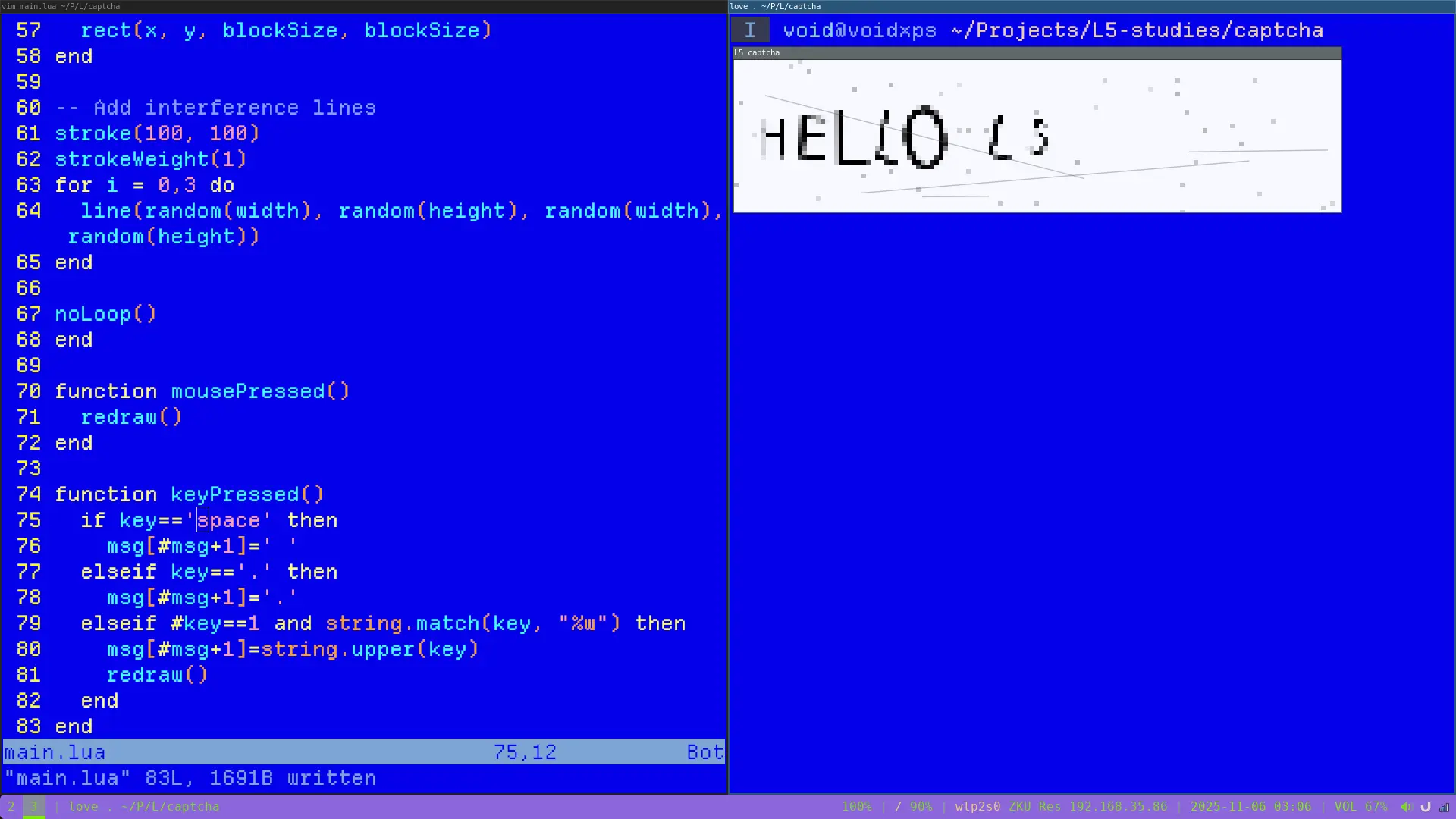 L5 code editing with running Captcha program, displaying Hello L5 in captcha-style text L5 code and Captcha program running, with the text Hello L5