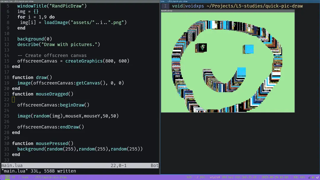 An L5 program that makes use of drawing to an offscreen buffer, then applying that on top of a changing background