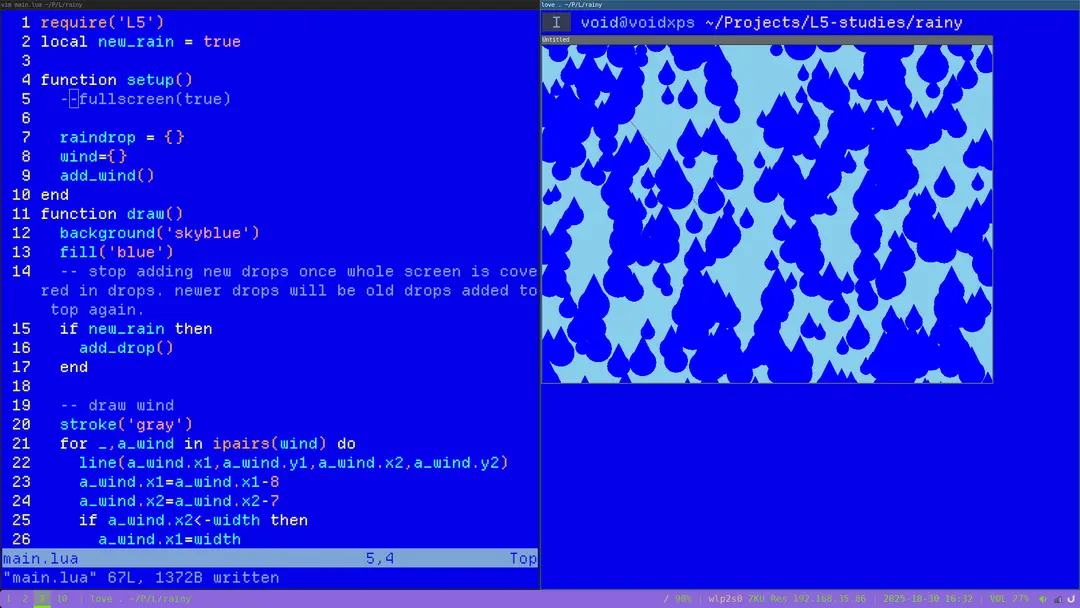 rainfall and wind simulator, coded in L5 rainfall and wind coded in L5
