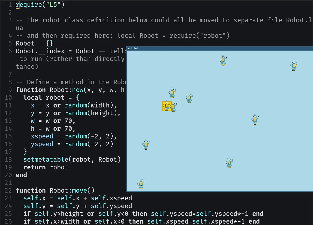 L5 code with an overlaid window of robots roaming, one has grabbed an orange box