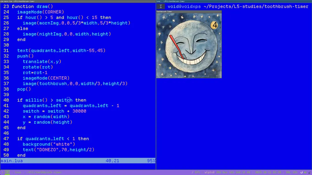 Toothbrush timer app with code on left in L5 and a smiling moon on right with toothbrush Toothbrush timer app with code on left and a smiling moon with toothbrush on the right