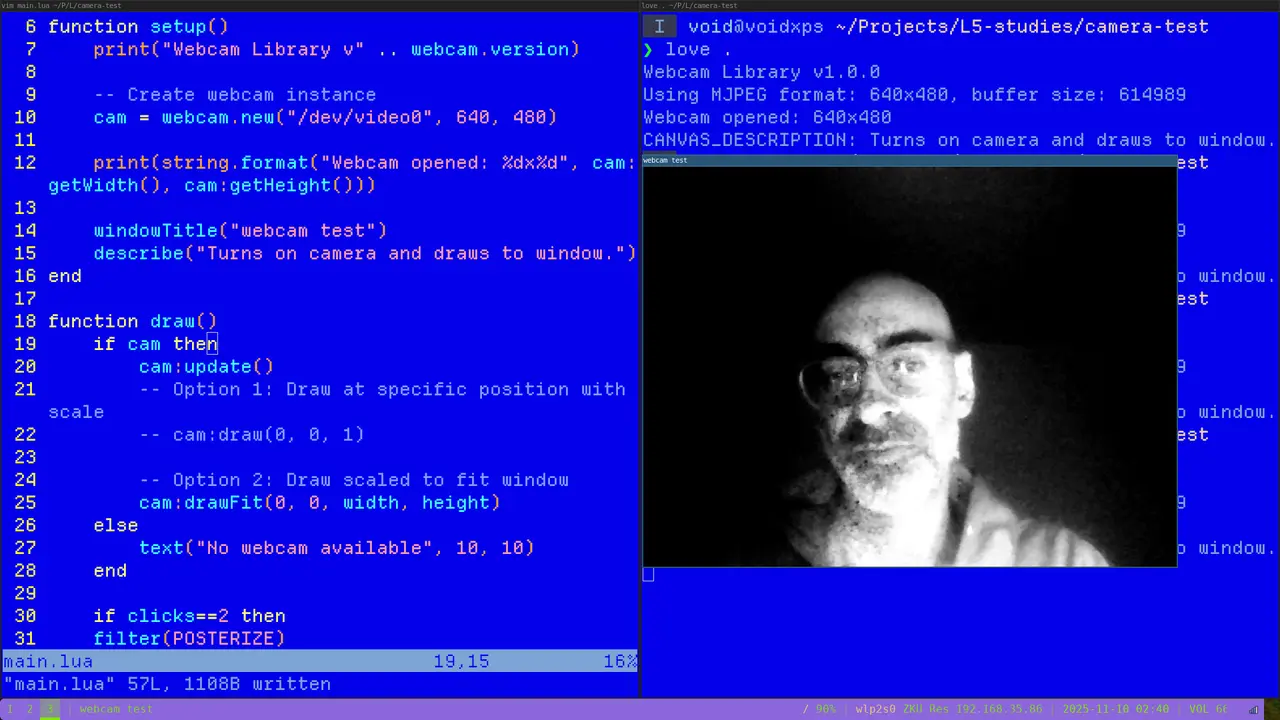 L5 code editing with running program showing a window with live footage of my camera showing me, thresholded into black and white L5 code and window showing screenshot from live camera footage, thresholded into black and white
