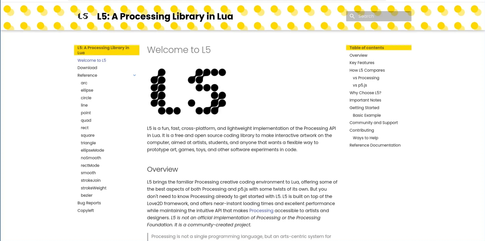 first version of the L5 documentation website with logo and yellow background and intro text