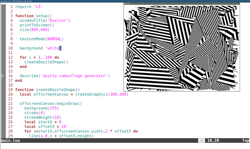 Code and image written in L5 showing dazzle camouflage generator code and image written in L5 showing dazzle camouflage generator