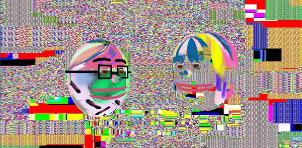 two basic 3d model heads made out of primitive shapes are facing each other. Their skin and feature textures are glitchy drawings and the background is also a big glitch image of many colors