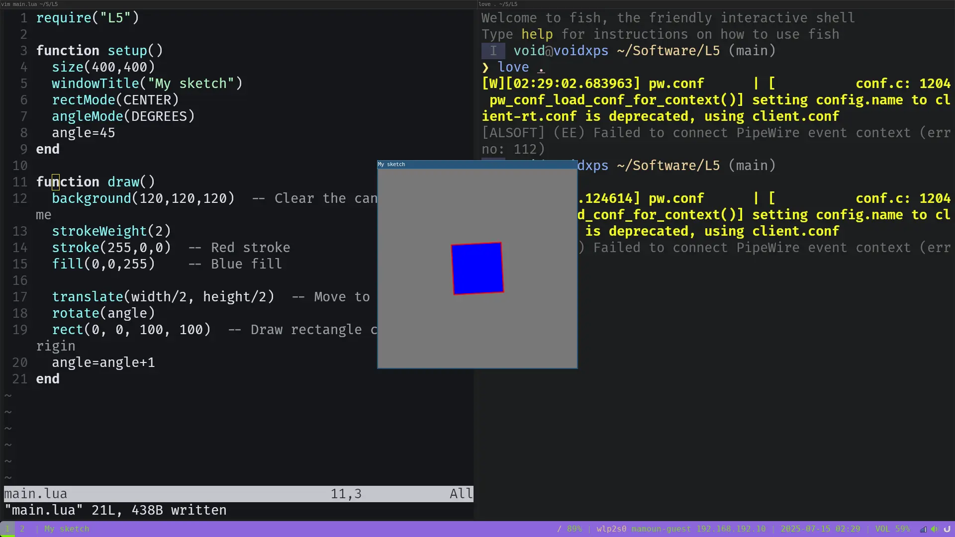 L5 pre-alpha with code and a rotating square