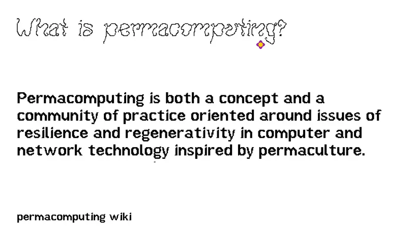 slide with title What is permacomputing? in wiggly font followed by a definition and a purple flower bud