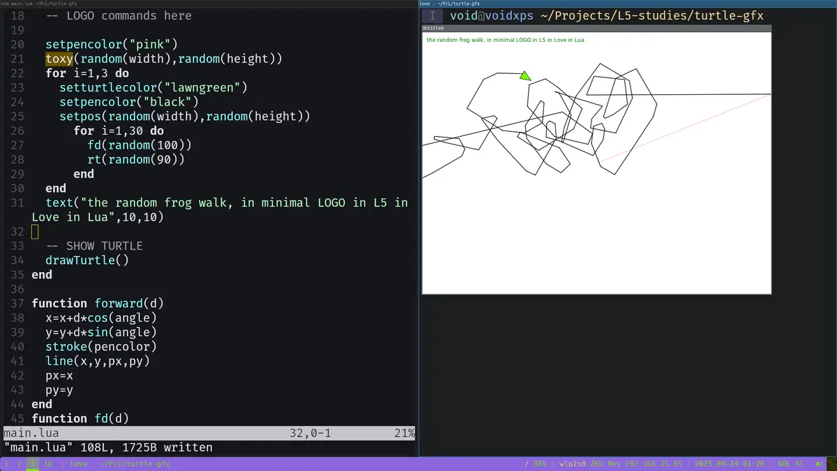 A random turtle walk implemented in a LOGO-like language created in L5