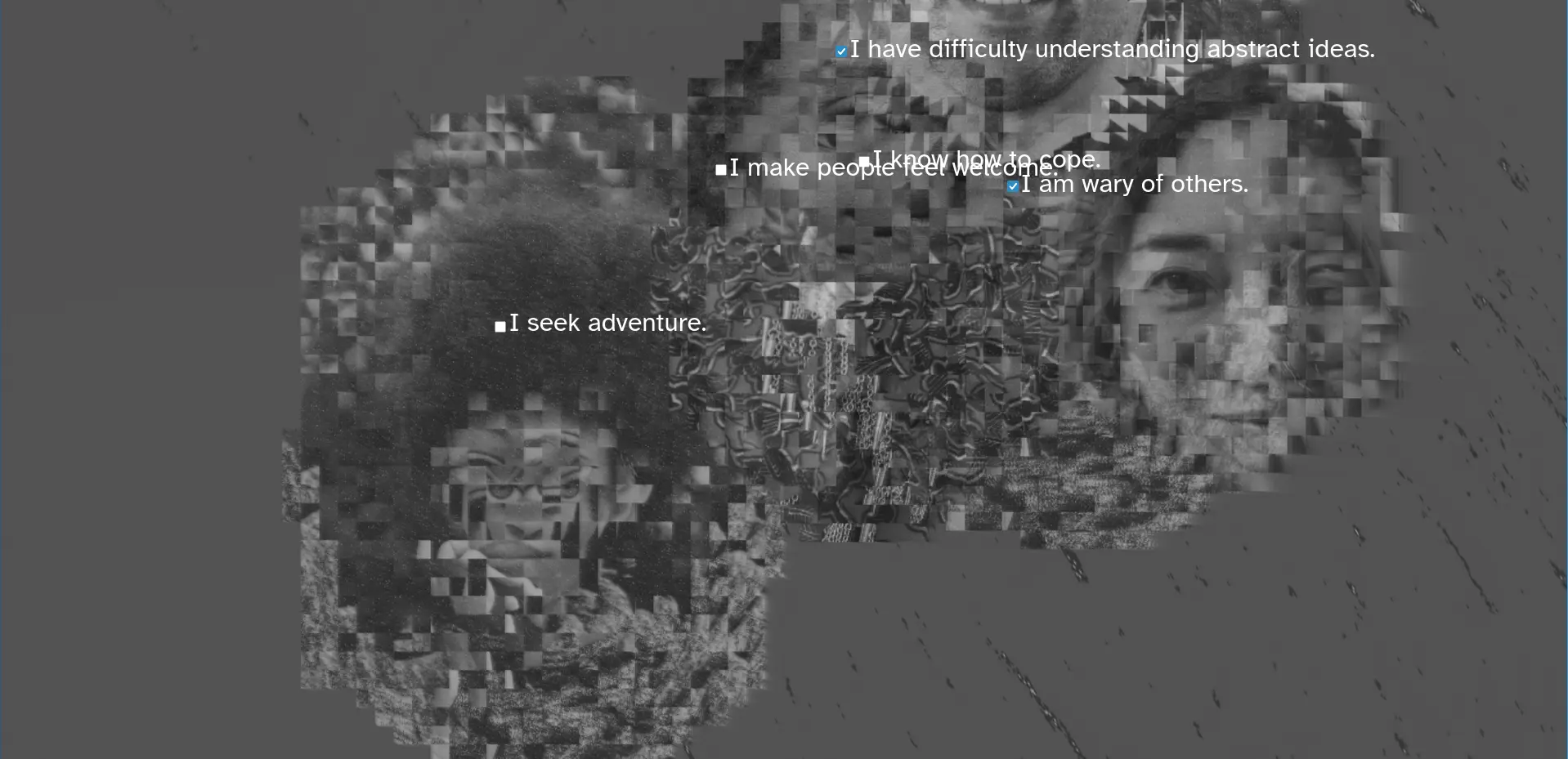 grayscale glitched downsampled faces merging together with overlaid text