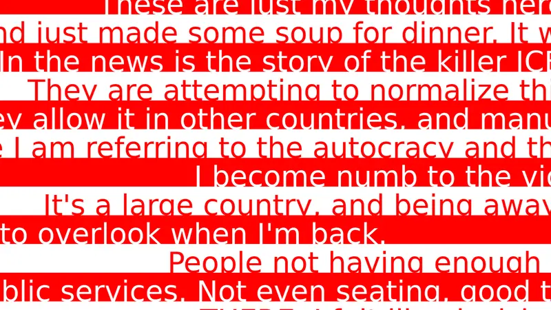 A galloping hores and rider, presented at different scales and mirroring text from my notebook, laid out reminiscent of the lines of a US flag