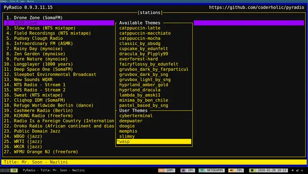 Wasp theme for Pyradio of black, yellow, purple in the radio streaming TUI app Wasp theme of black, yellow, purple in PyRadio