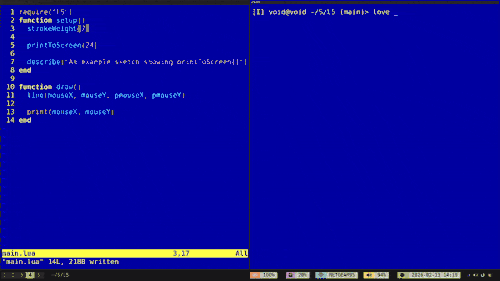 Example of printToScreen function in a sketch and rendering print output to the window L5 code in the Neovim editor on left and the running code sketch in the center shows drawing lines based on mouse and an onscreen print() output that scrolls