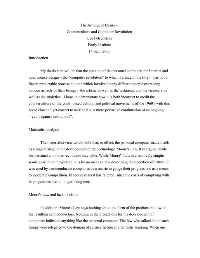 cover page of a paper titled The Arming of Desire - Counterculture and Computer Revolution by Lee Felsenstein