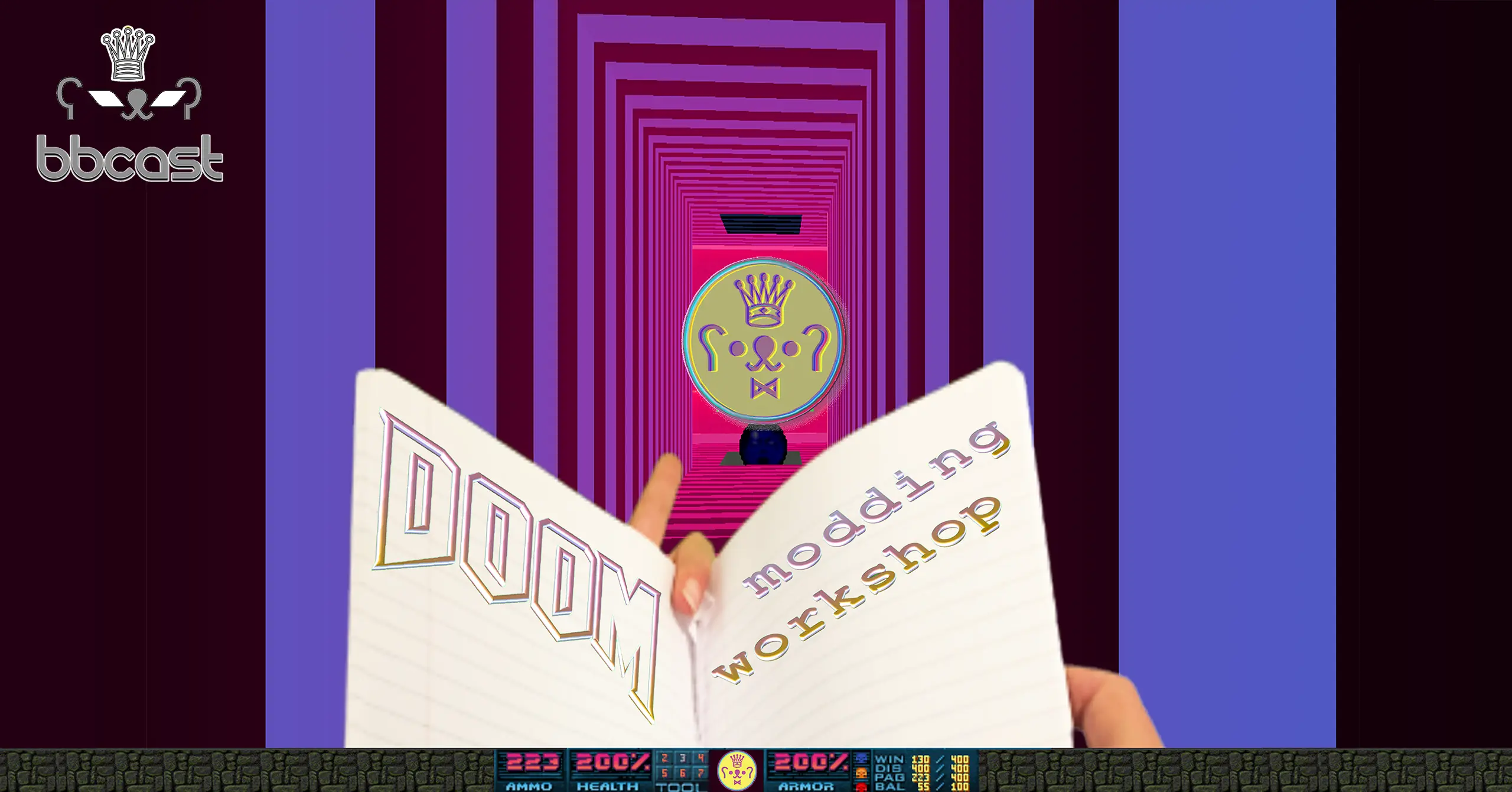 a collage of a booklet titled Doom Modding workshop held open into the void with Babycastles logo in background