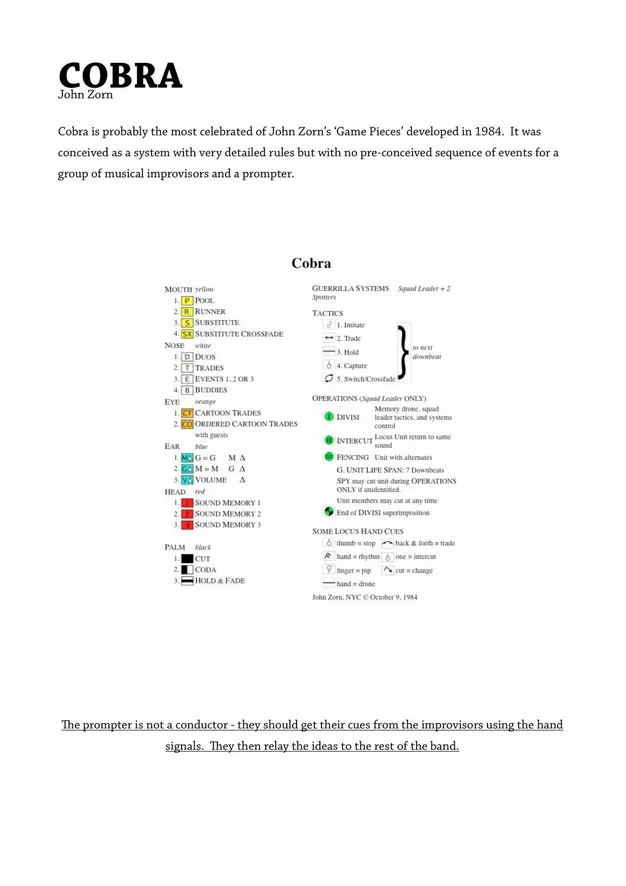 notations and instructions for John Zorn’s game piece performance work COBRA, depicting signs and their meanings