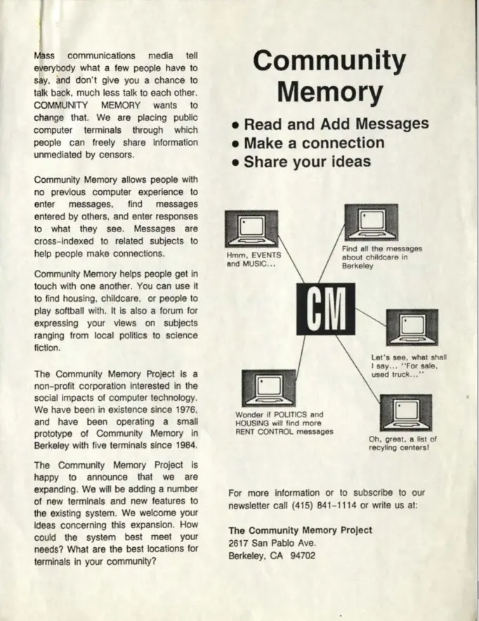Cover of a brochure with the title Community Memory and description, images of networked computers and the bullet points to Read and Add Messages, Make a Connection, Share your Ideas
