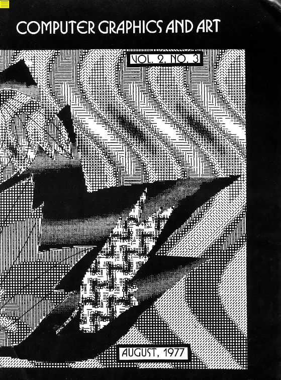 Digitally
rendered and printed geomtric black and white textured shapes, wavey and
petals. Title listed as Computer Graphics and Art Vol 2 No 3