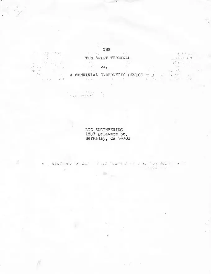Cover page for The Tom Swift Terminal: A Convivial Cybernetic Device