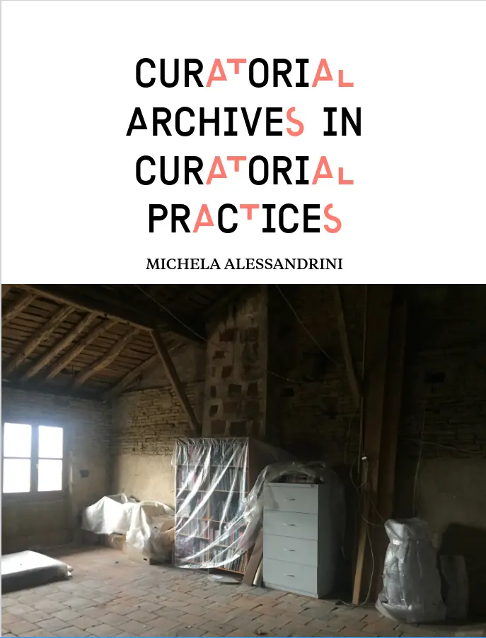 Cover
of book Curatorial Archives in Curatorial Practices and a photo of a
room with objects and a bookcase wrapped each in plastic.