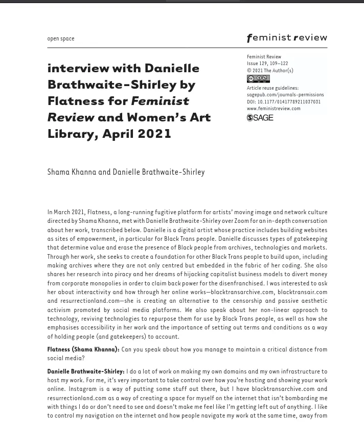front
page of interview article in Feminist Review