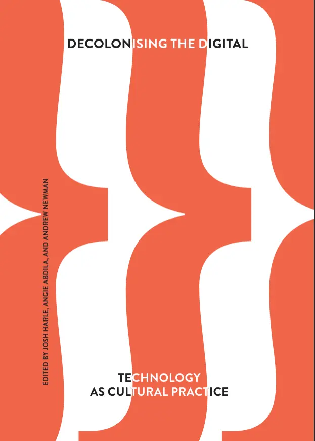 Decolonising The Digital title on abstract large wavey orange and white geometric curves