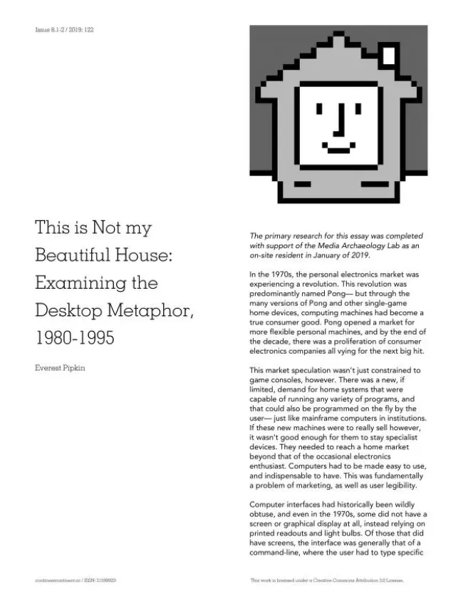First page of article with a Susan Kare drawing style of a house smiling with the old Apple logo of the 1980s/90s