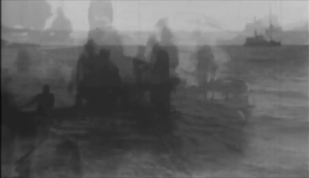 A composite black and white image of overlapping shadows of people at sea and ships in the background.
