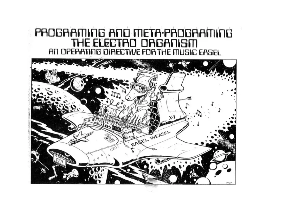A spacey dog plays the Buchla music easel while flying space ship labeled Easel Weasel in outer space