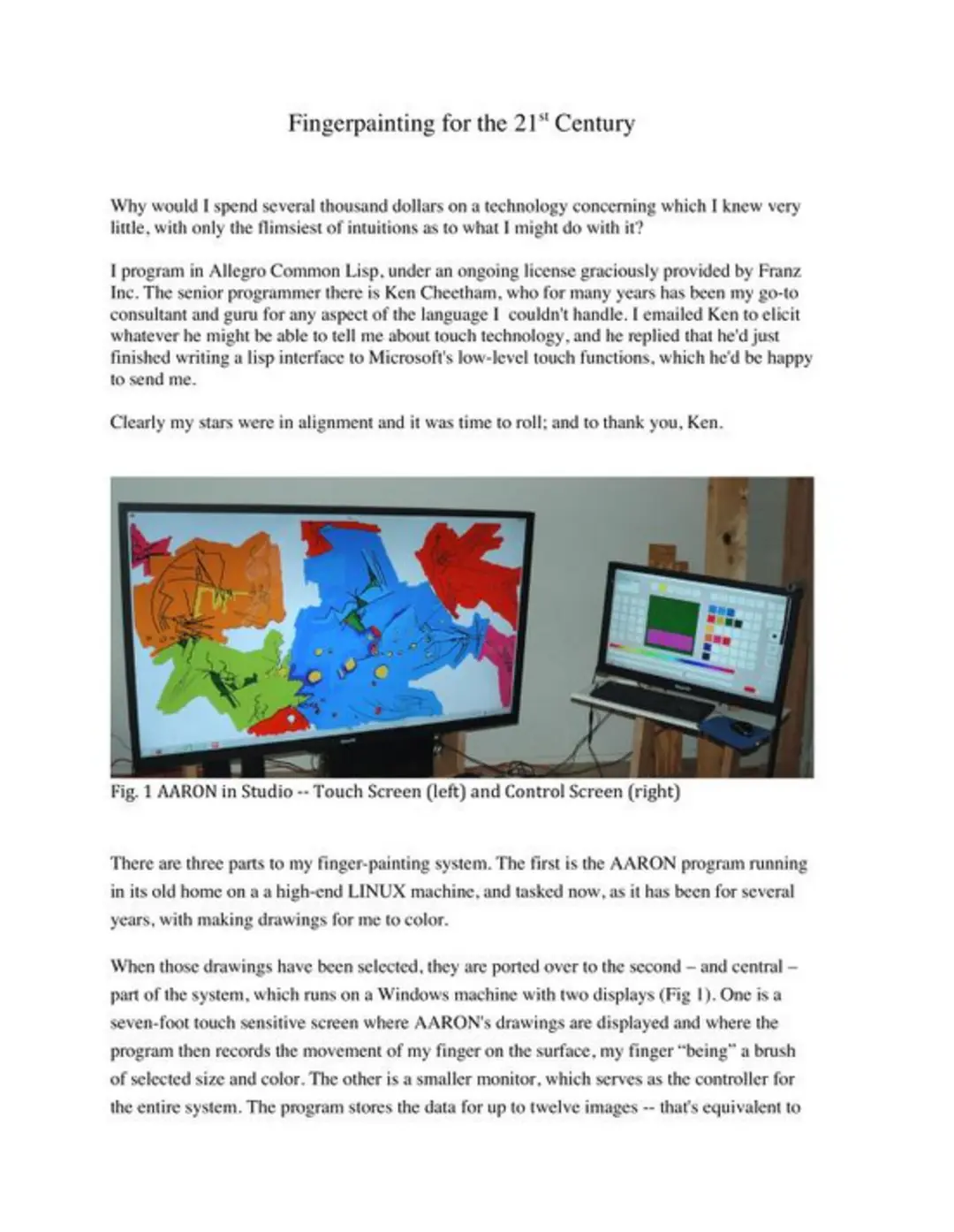 First page of Fingerpainting for the 21st Century pamphlet with text and insert photo showing a monitor and connected drawing tablet with color pallete