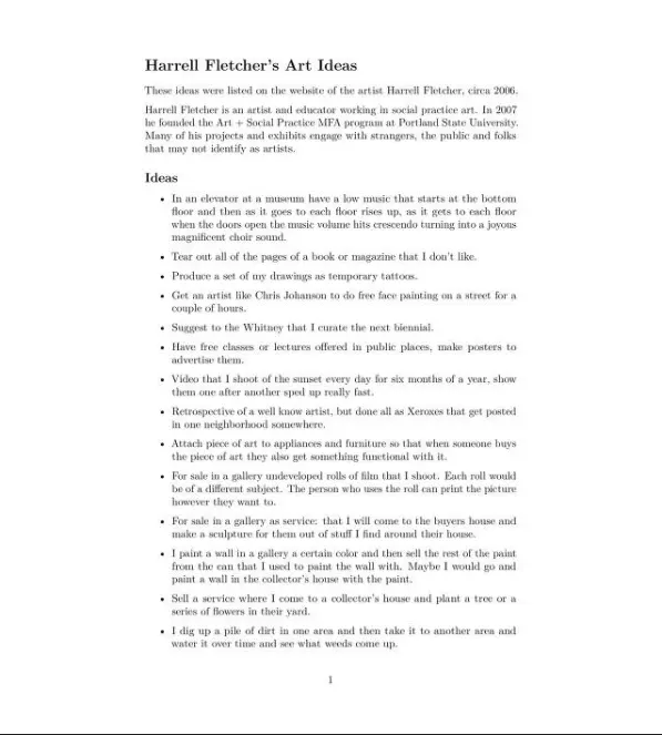 a screenshot of a page titled Harrell Fletcher’s Art Ideas at the top and then the ideas below, after an intro