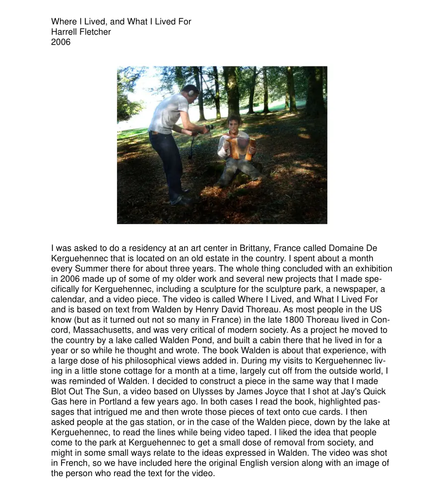first page of pdf on Fletcher’s Where I Lived, and What I Lived For video art project, with text and a screenshot of Harrell recording a boy sitting playing an accordion among the trees
