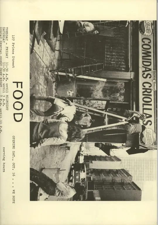 Page spread showing text and a black and white image of the FOOD storefront