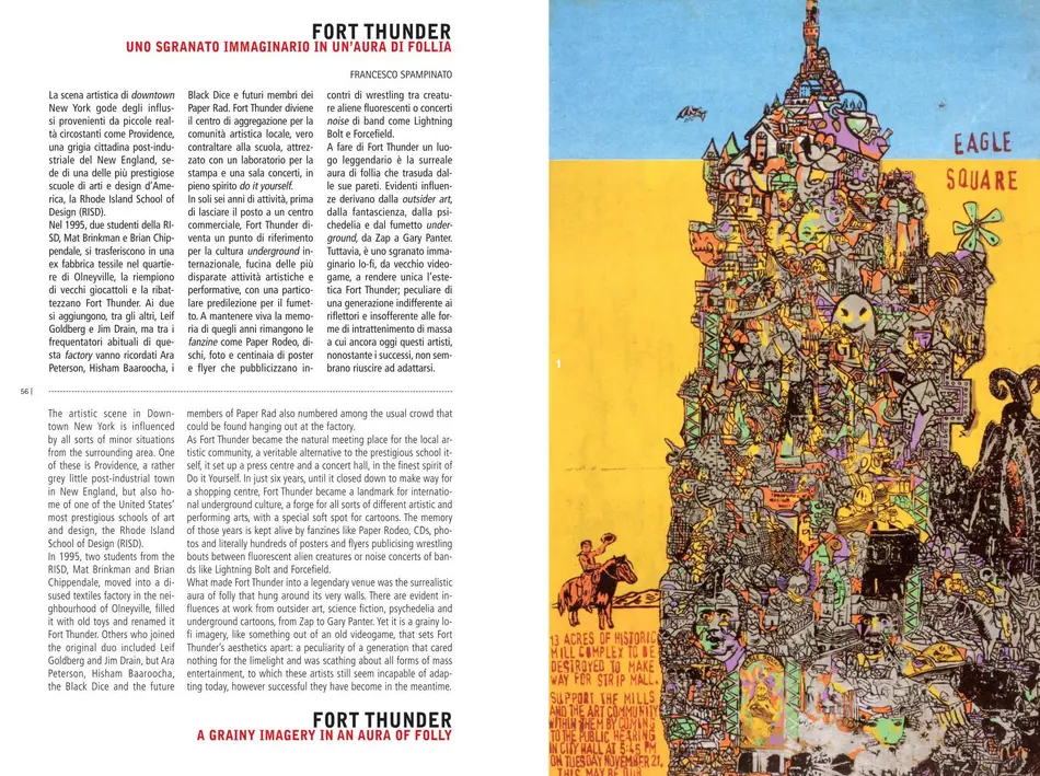 magazine spread with article on left and image of scrawled pile on right along with a man on horse and EAGLE SQUARE red text on blue and yellow background behind the pile