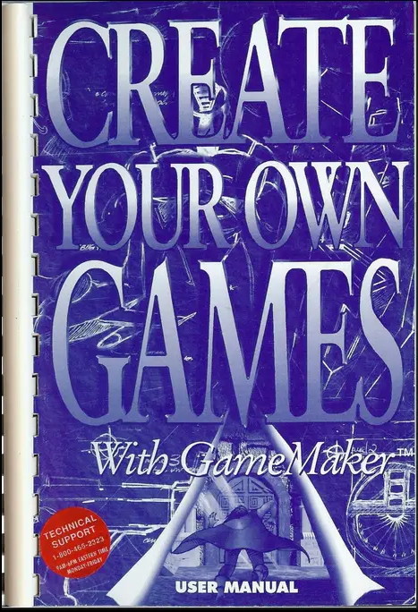 Blue and white cover of manual for Create Your Own Games with Game Maker