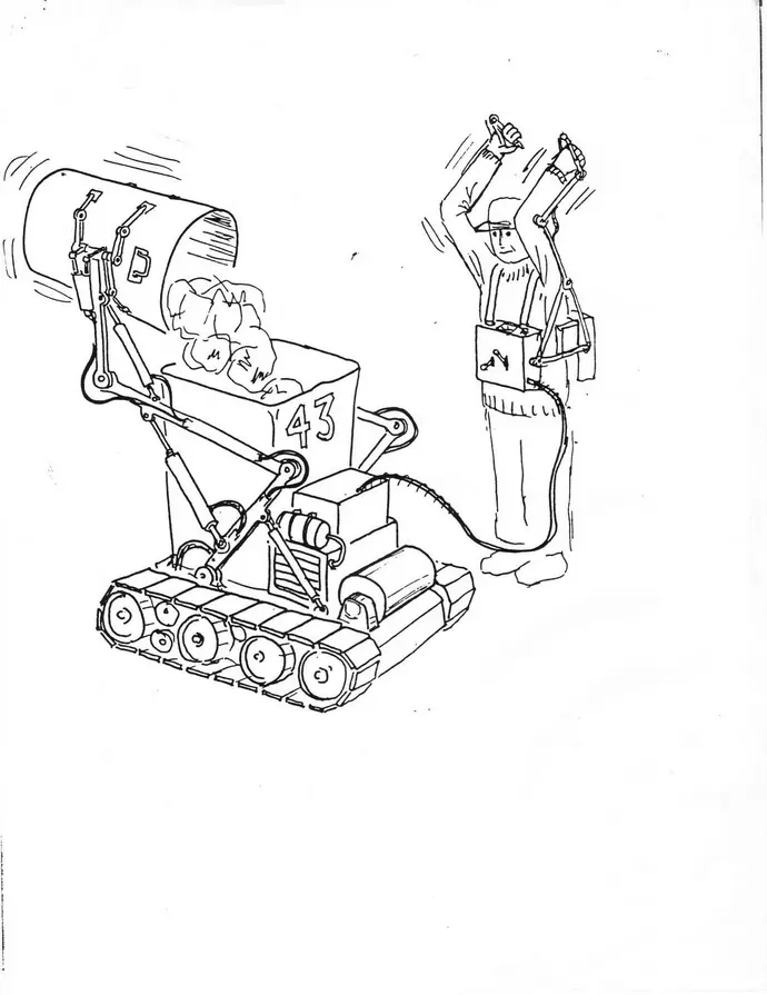 A robotic garbage tank empties collects trash while a person with raised arms wearing a control unit demonstrates raising the trash to the robot.