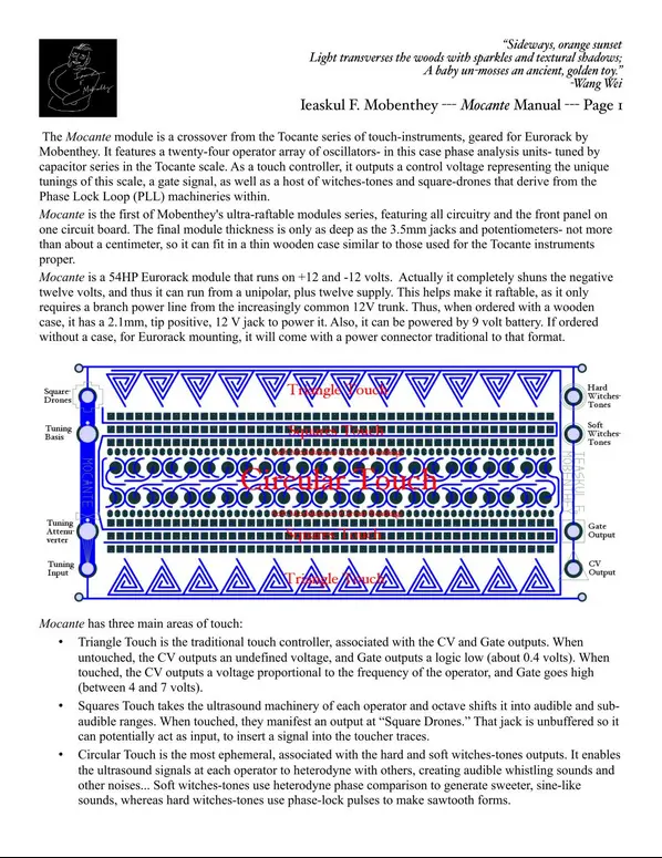 Mocante instrument manual page mostly with wall of text and blue diagram of the instrument at center