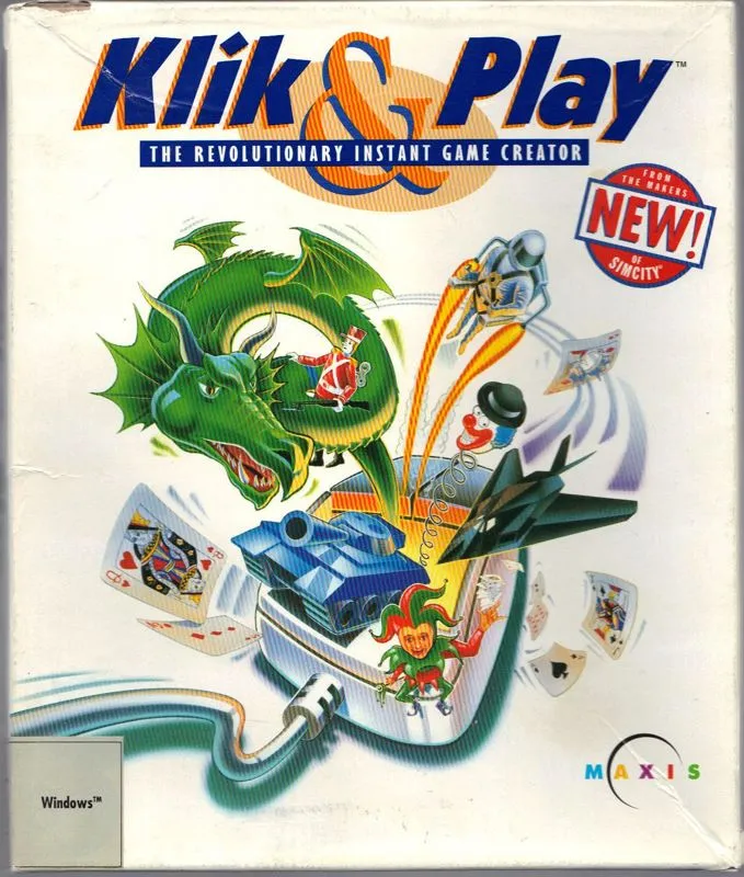 box cover art for Klik & Play showing dragon, tank, cards, jester and more items exploding out of a computer mouse