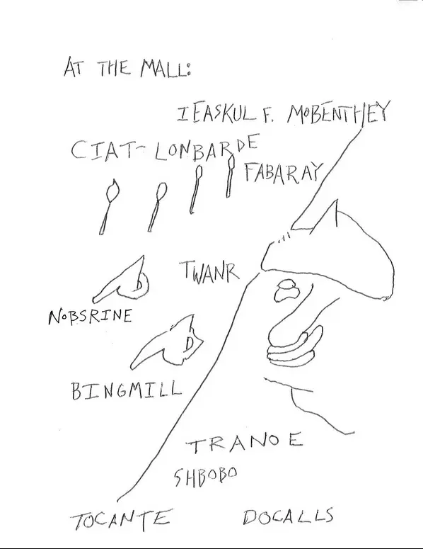 a strange hand drawn cover of a “coloring book” featuring a face and some abstract shapes and many words. At the top it says “at the mall”