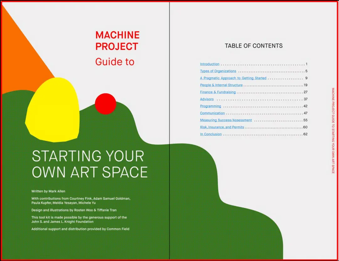 Cover pages and TOC of Machine Project Guide to Starting Your Own Art Space with abstract design showing green land with brown, orange and red shapes.
