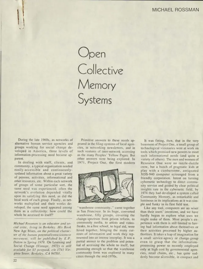 first page of article Open Collective Memory Systems including black and white drawing of a child pushing an overly large object labeled Treasure Island