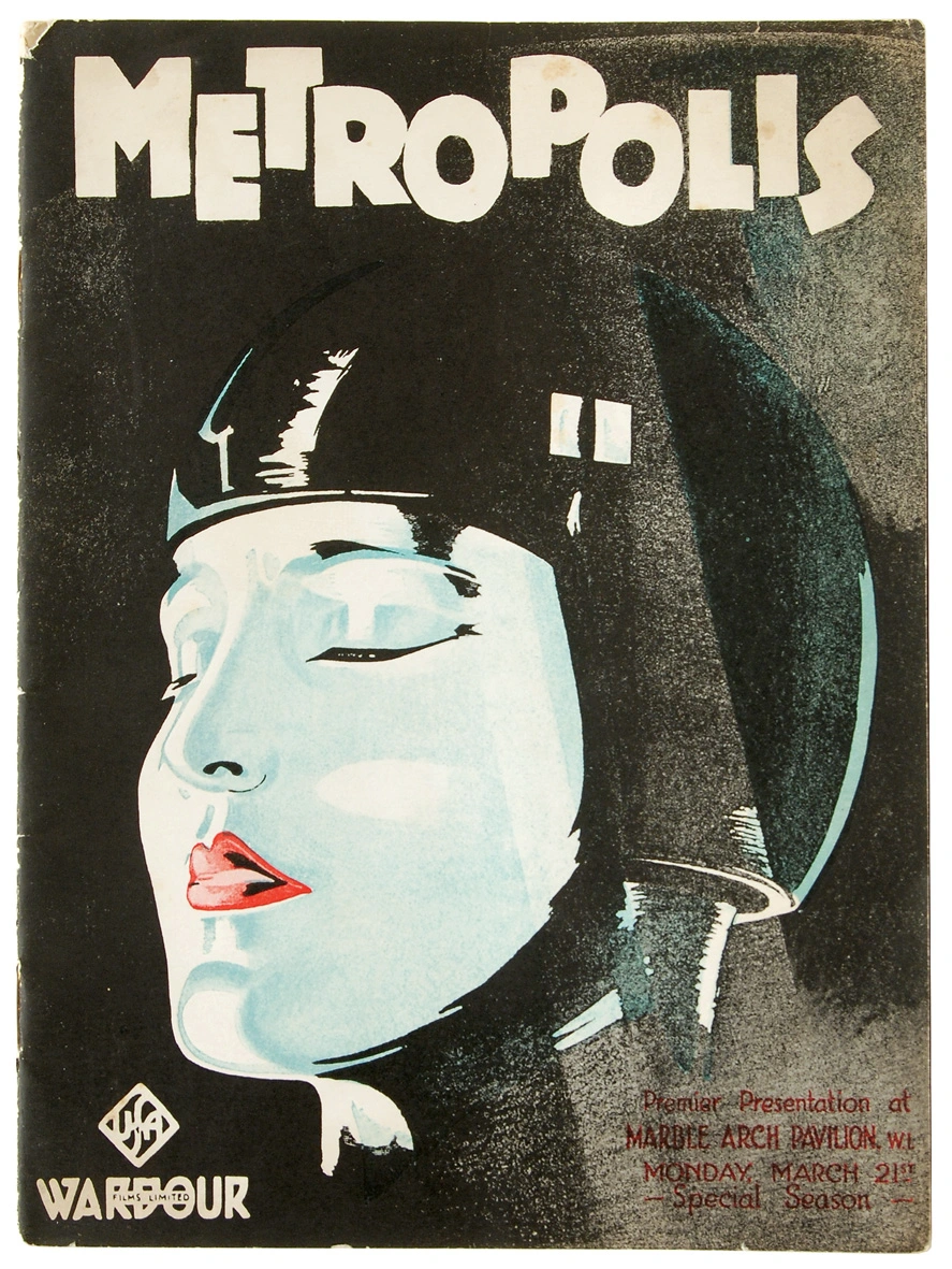 a printed poster with expressionistic style for the movie Metropolis with title and visage of the Maschinenmensch