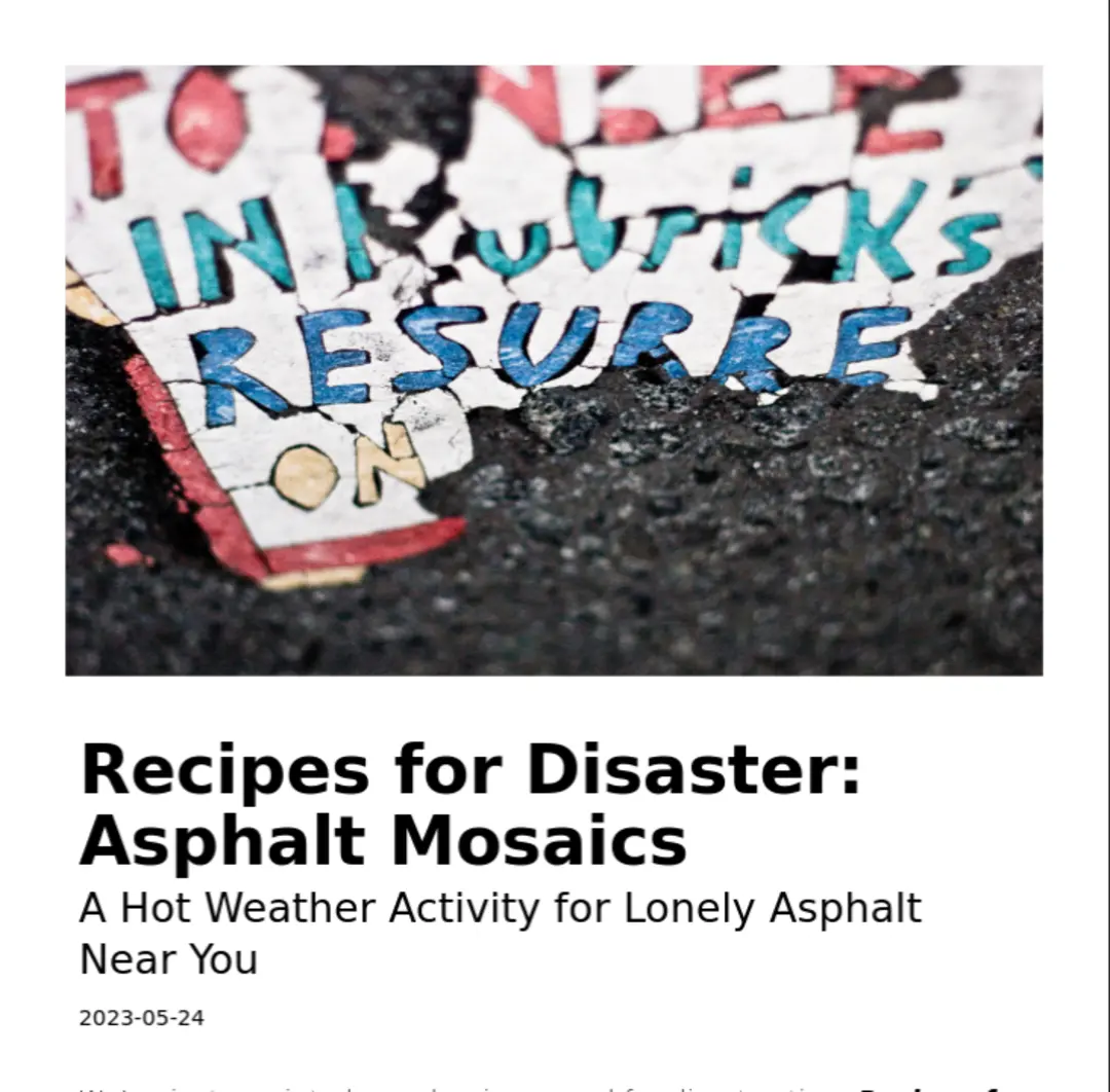 An image of the corner of a crumbling Toynbeed tile embedded in cement, with the decaying text Toynbee in Kubrick’s Resurrect On… in red, white, blue and yellow above the title Recipes for Disaster.