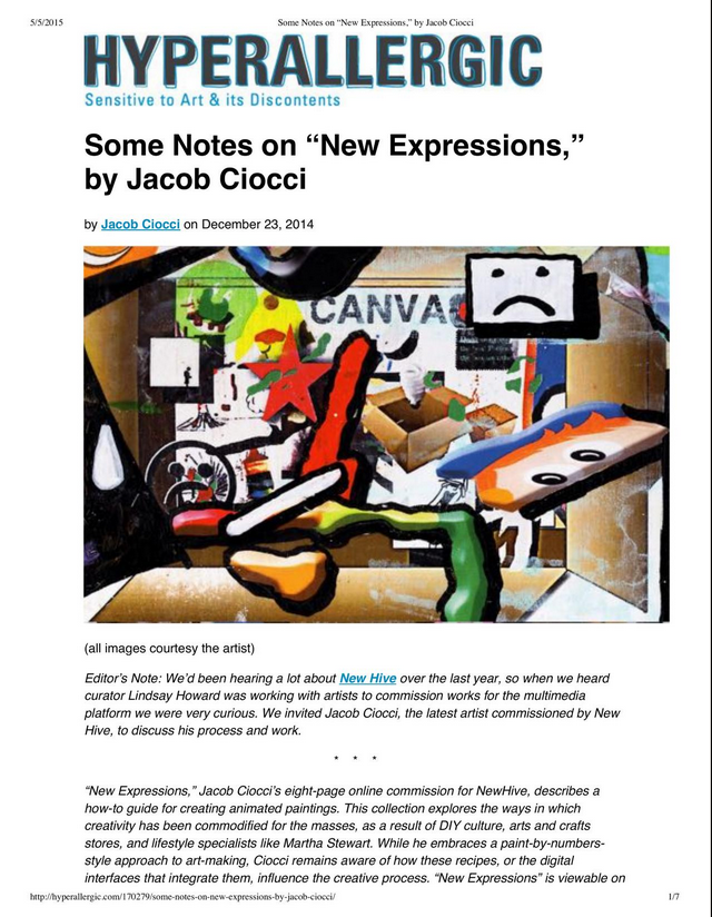 first page of article with journal title HYPERALLERGIC at top and article title Some Notes on New Expressions and a digital collage with square sad face and other mixed digital collage
