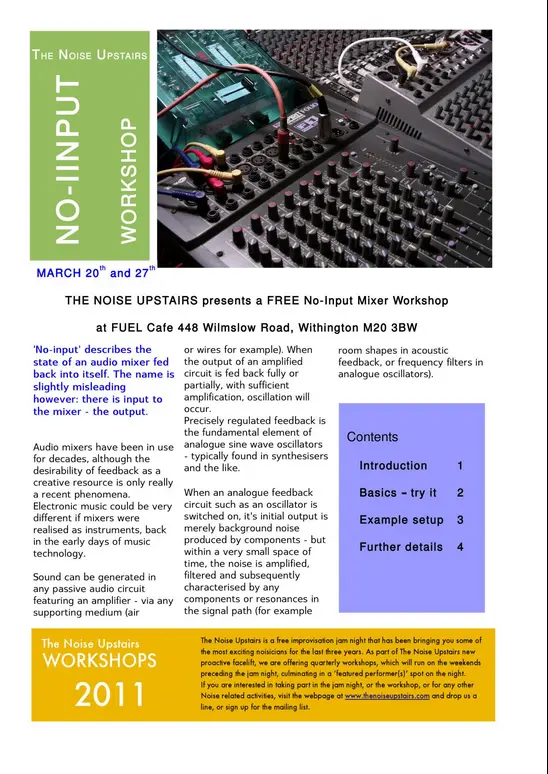 First page of pamphlet with intro info on No-Input Mixer Board mixing and an image of a mixer at top
