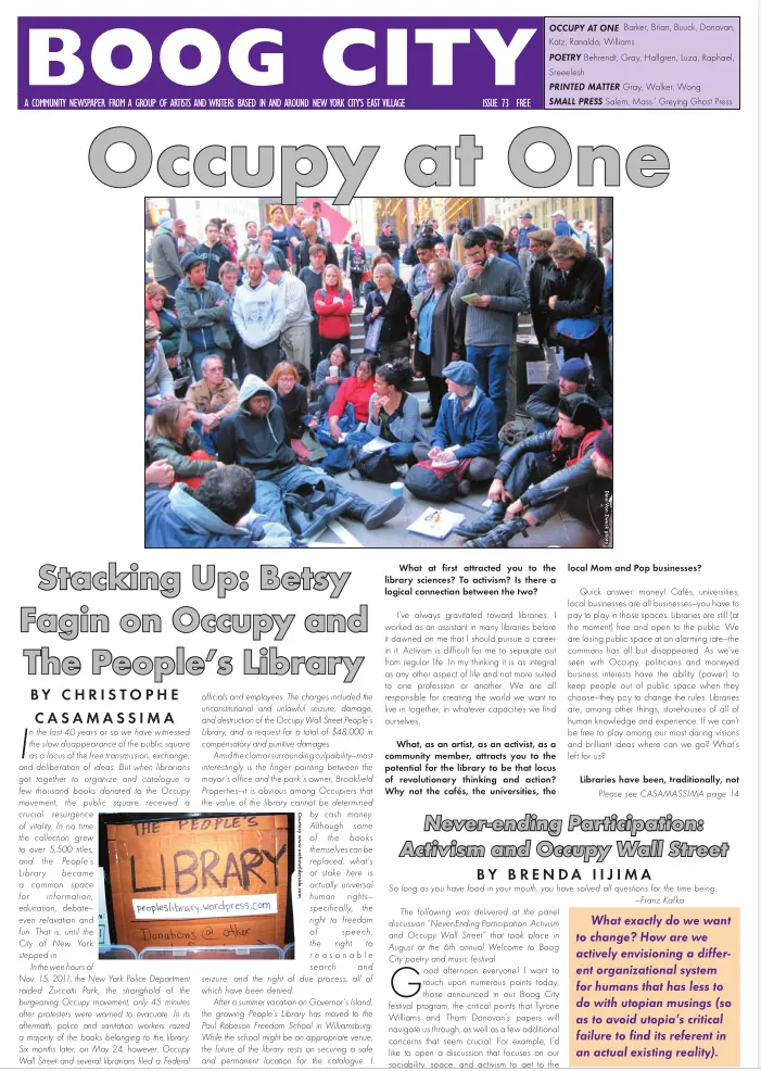 Cover of alternative newspaer BOOG CITY with title Occupy at One, photo of crowd of people centered, and front page headlines Stacking Up. Betsy Fagin on Occupy and The People’s Library and Never-ending Participation Activism and Occupy Wall Street