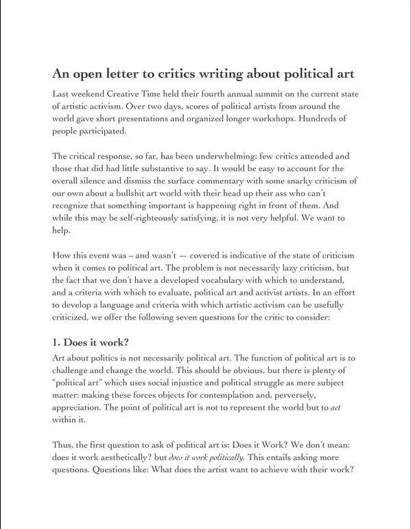 First page of letter beginning with title An Open Letter To Art Critics