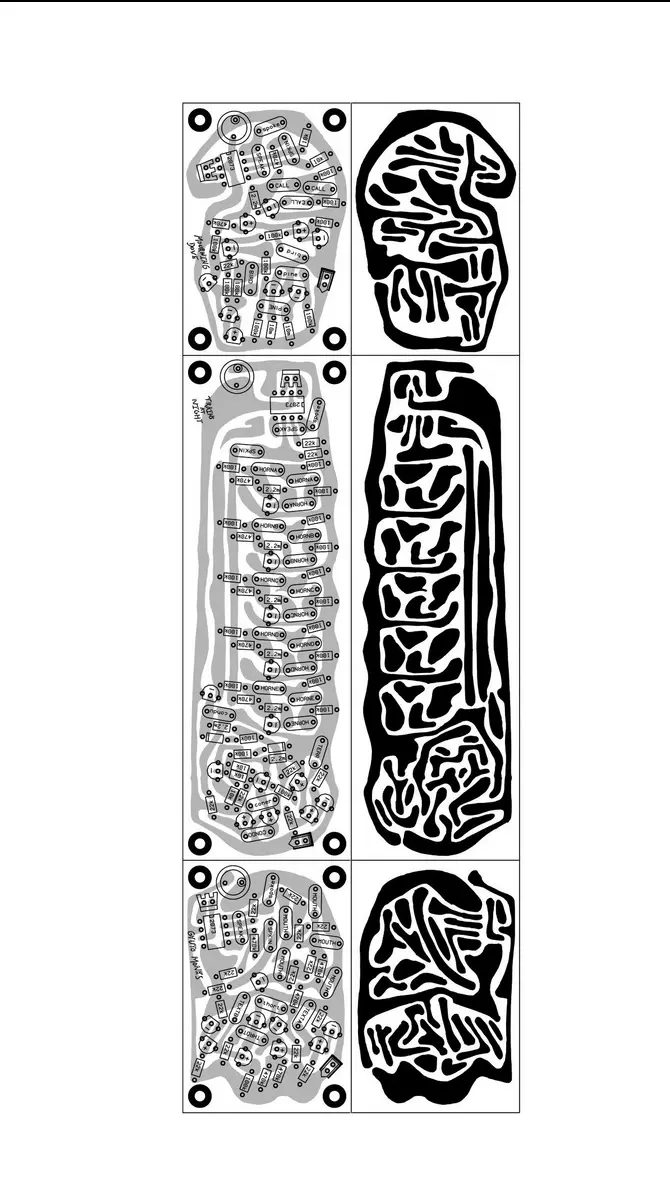 a paper circuit board in natural-looking organic shapes, black and white