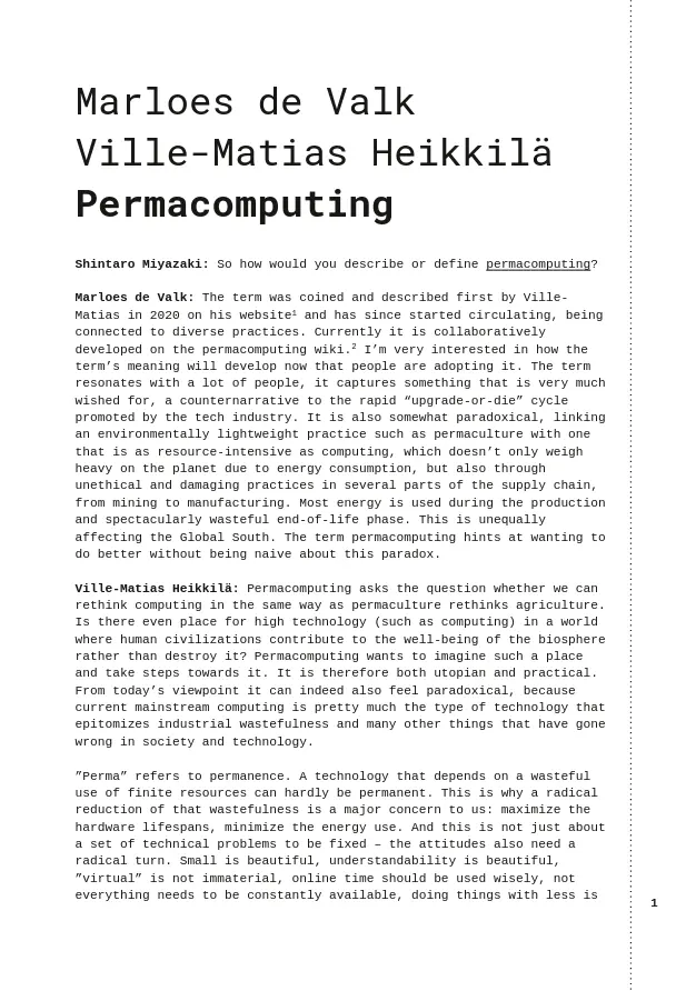 Front
page of Permacomputing interview with.
