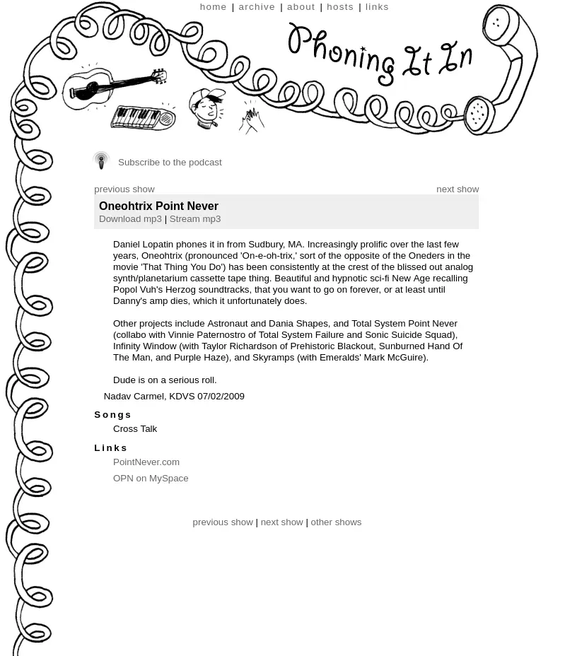 screenshot of website for Phoning It In, episode on Oneohtrix Point Never. A hand drawn doodle of a phone handset, curly cable, title of the show, a guitar, keyboard, and more.